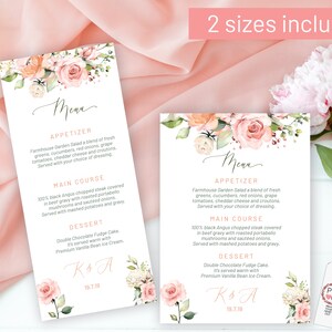 May include: Two printable wedding menu templates with a watercolor floral design in shades of pink and peach. The text on the menu includes "Menu", "Appetizer", "Main Course", and "Dessert". The menu items are listed below each heading. The bottom of the menu includes the couple's initials and wedding date.