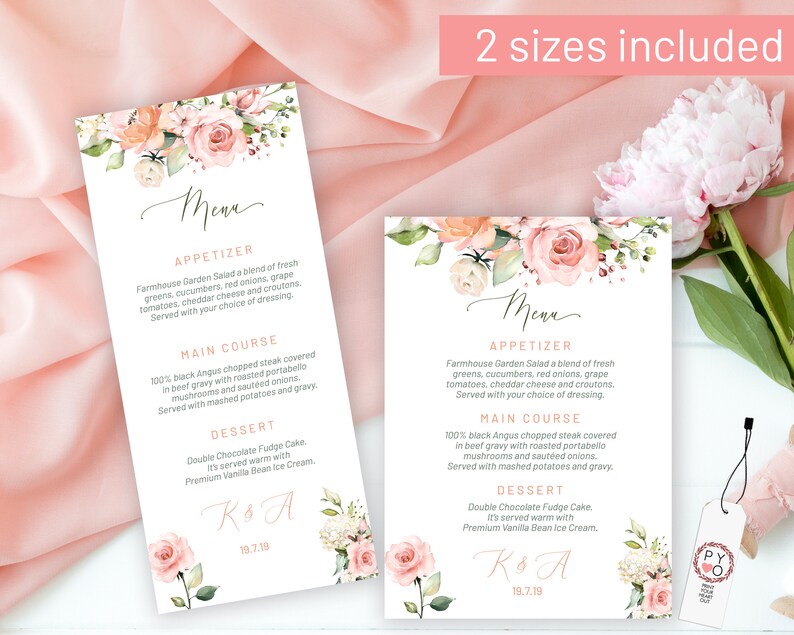 May include: Two printable wedding menu templates with a watercolor floral design in shades of pink and peach. The text on the menu includes "Menu", "Appetizer", "Main Course", and "Dessert". The menu items are listed below each heading. The bottom of the menu includes the couple's initials and wedding date.