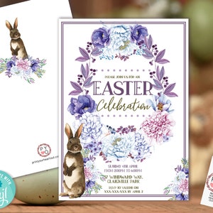 Plantilla imprimible de invitación para almuerzo y cena de Pascua con flores de color rosa y verde, invitación de conejo para el té de la mañana, invitación floral imprimible