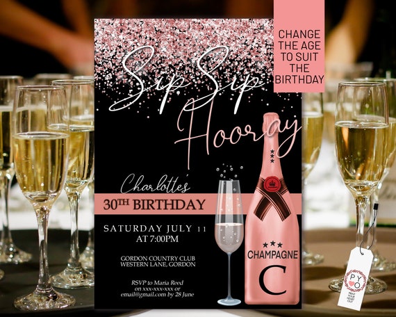 Sip Sip Hooray Pink Champagne Rosegold Glitter Invitation Printable Template, Drinks Glitter Editable Birthday Party Women, Printable Card