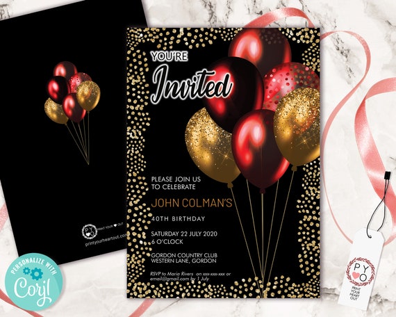 Red Gold Glitter Birthday Balloons Invitation | Editable Template | Printable Card