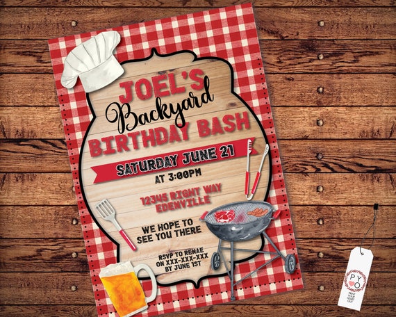 BBQ Backyard Birthday Bash Invitation Printable Template, Red Checked Grill Out Editable Party Invite, Printable Card, Chalk Text Barbecue