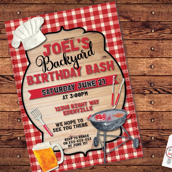 BBQ Backyard Birthday Bash Invitation Printable Template, Red Checked Grill Out Editable Party Invite, Printable Card, Chalk Text Barbecue