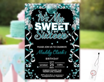 Sweet 16 Party Invitation Printable Template, Sixteen Black Editable, 16th Birthday, Teal Balloon Invite, 16 Aqua Confetti Editable Invite