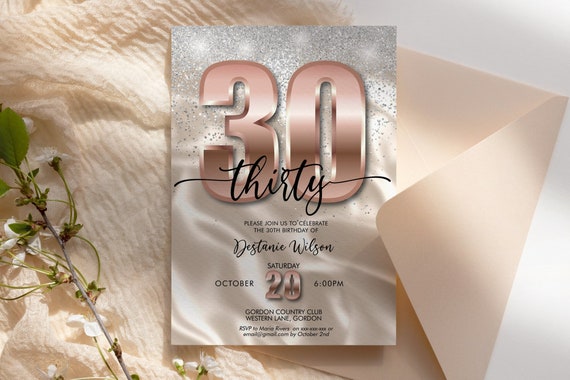 DIY Any Age Birthday Rosegold Ivory Silver Glitter Number Invitation Printable Template, Satin Editable Dinner Drinks Party Invitation Women