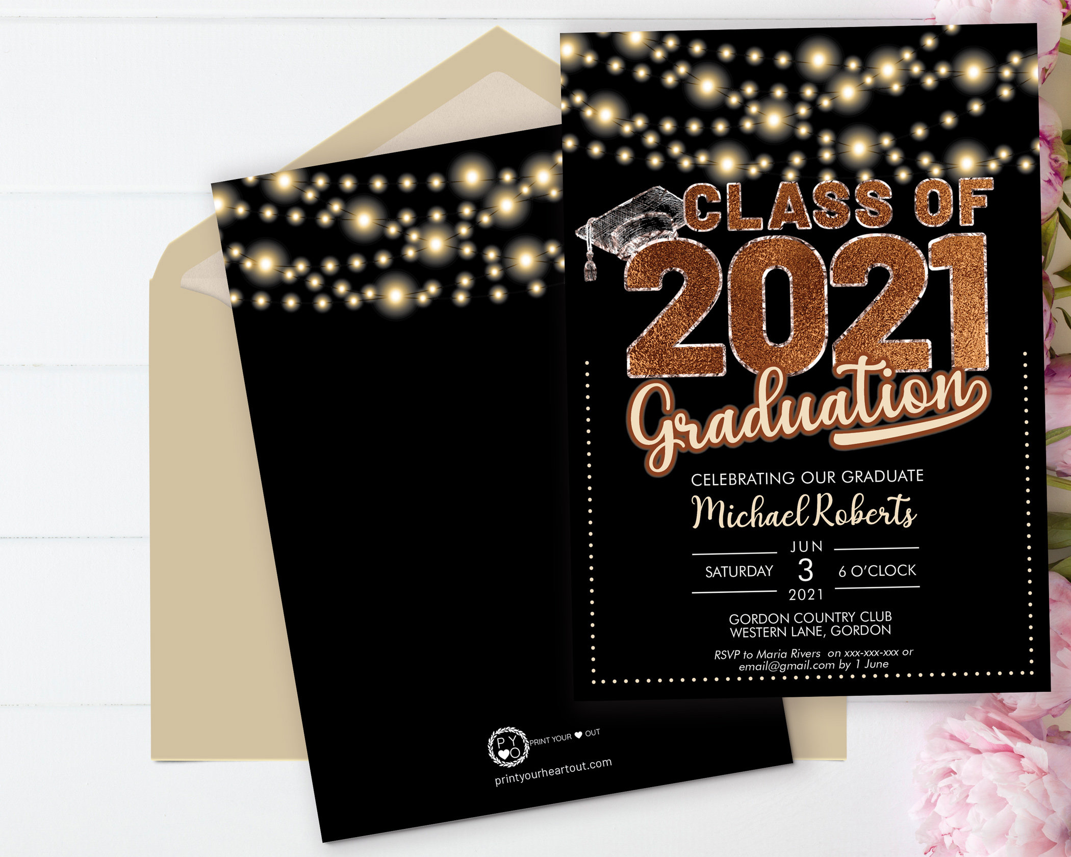 Class of 2021 Copper Graduation Invitation Printable Template, Black