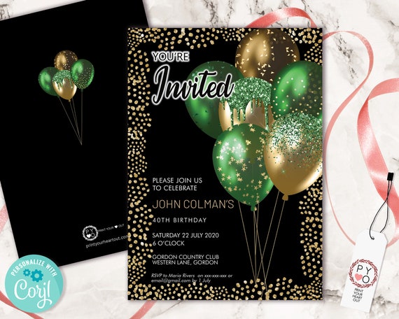Invito di compleanno con palloncini verde oro: design unisex glitterato (modello stampabile) - Italia