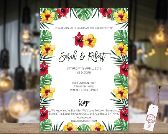 TRY Before You BUY - Tropical Greenery engagement invitation, Botanical engagement invitation, Hawaiian Invitation, Hibiscus Invitation