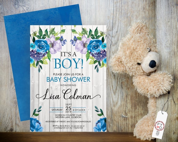 Its a Boy Baby Shower Invitation, Blue Floral Shower Invitation, Purple Printable Baby Shower, Editable Template, Watercolor Baby Shower