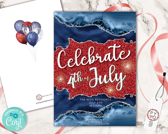 4th of July Celebrate Glitter Invitation Printable Template, Red White Blue Sparkle Editable Party Invite, Printable Independence Day Invite