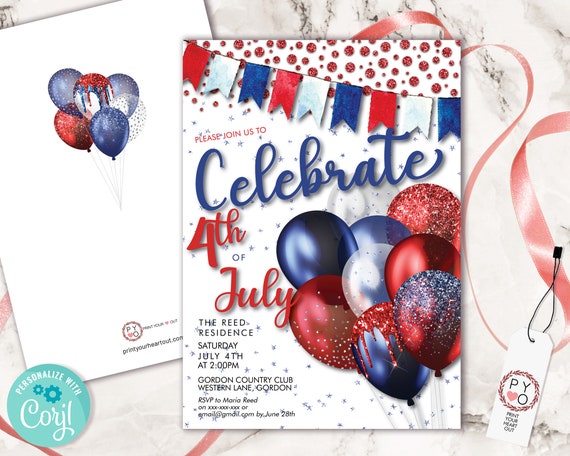 4th of July Celebrate Light Invitation Printable Template, Red White Blue Sparkle Editable Party Invite, Balloons Independence Day Invite