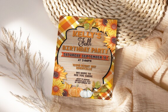 Fall Plaid Sunflowers Pumpkins Birthday Invitation,  Autumn Leaves Orange Invitation, Printable Lunch Party, Editable Template for Women