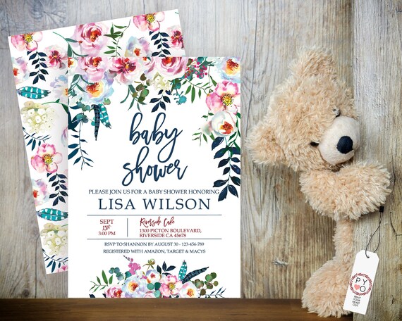 Navy and Pink Floral Baby Shower Invitation, Baby Girl Shower Invitation, Printable Baby Shower, Editable Template, Watercolor Baby Shower