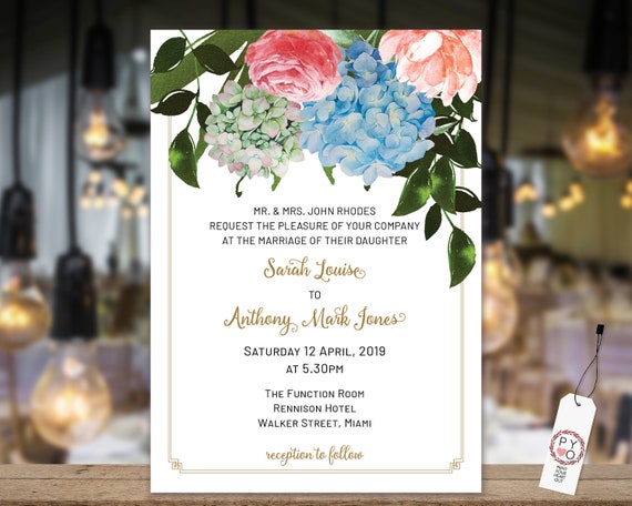 Blue Floral Wedding Invitation, Hydrangea Invitation, Reception Invitation, Watercolor Flower Invitation, Printable Template, Eidtable File