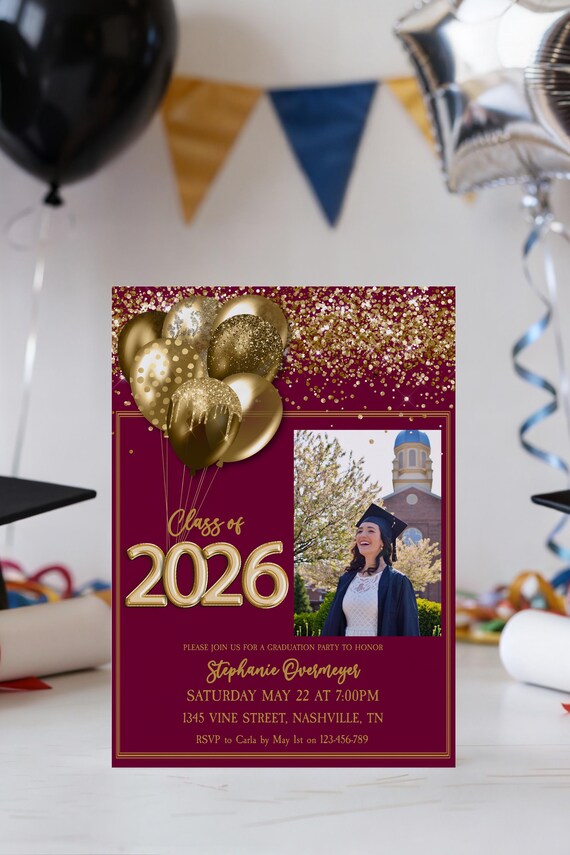 Class of 2026 Graduation Invitation, Burgundy Red Gold Grad Party Template, Photo Graduation Invite, Editable Senior Announcement