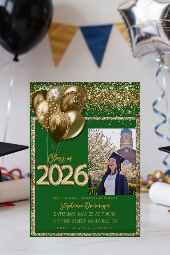 Class of 2026 Graduation Invitation, Emerald Green Gold Grad Party Template, Photo Graduation Invite, Editable Senior Announcement