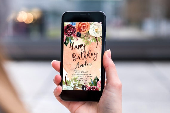 Autumn Fall Floral Electronic Birthday, Smartphone SMS Digital Editable template, EcoFriendly, Electronic Orange Flowers Birthday Greeting