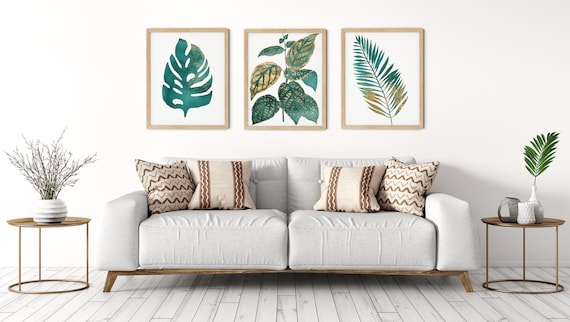 Tropical Teal Gold Art Print Set | Printable Palm Monstera Art | Art Print | Botanical Wall Art | DIY Living Room Wall Art | Set 3 Prints