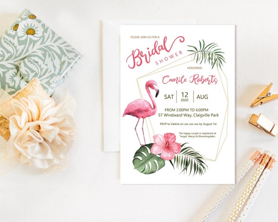 Flamingo Floral Bridal Shower Invitation, Tropical Shower Invitation, Printable Bridal Shower, Editable Template, Watercolor Pink Hawaii