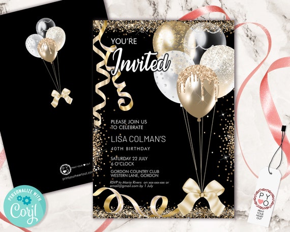 Gold White Birthday Balloons Invitation Printable Template, Black Champagne Bling Glitter Editable Party Invitation Women, Printable Card