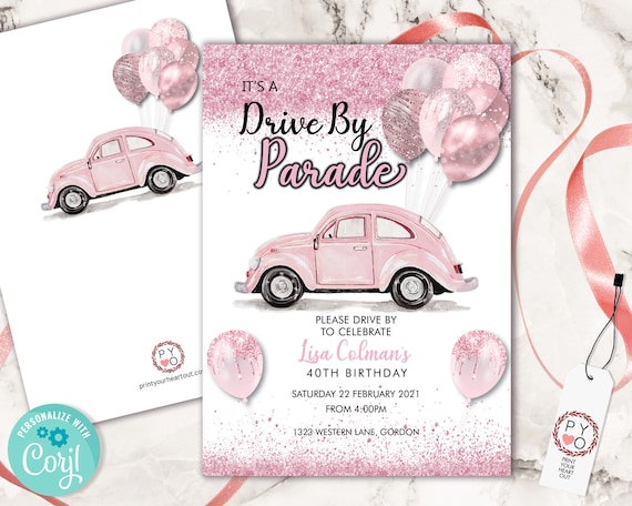 Drive By Pink VW Birthday Balloons Car Invitation Printable Template, Blush Glitter Editable Birthday Parade Invitation, Printable Pink Card