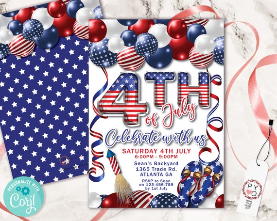 4th of July Celebrate Balloons Invitation Printable Template, Red White Blue Editable Grill BBQ Rocket Party Invite, Independence Day Picnic