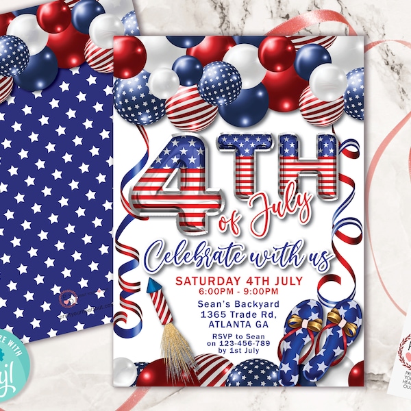 4th of July Celebrate Balloons Invitation Printable Template, Red White Blue Editable Grill BBQ Rocket Party Invite, Independence Day Picnic