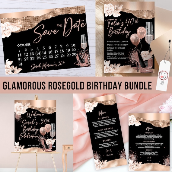 Rosegold Glitter Stiletto Champagne Birthday Invitation Bundle Templates, Editable Invite, Welcome Sign, Menus, Save the Date, Gold Glitter