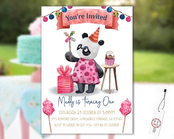 1st Birthday Panda Invitation Printable Template, One Editable Invitation, Cupcake Banner First Birthday, Watercolor Kids Bear Invitation