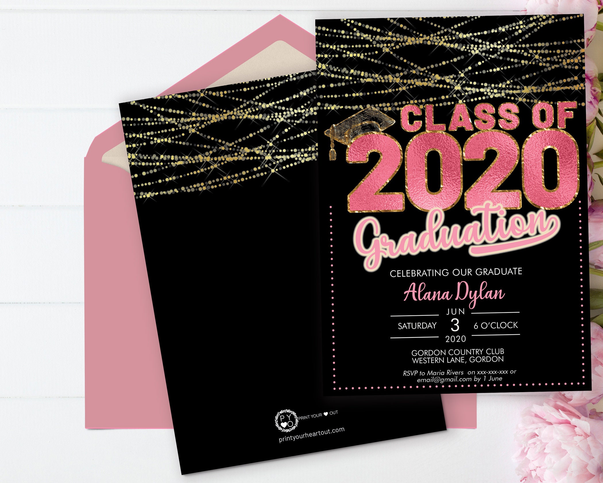 Class of 2020 Pink Graduation Invitation Printable Template, Gold