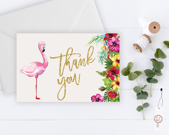 INSTANT DOWNLOAD - Thank You Card , Gold Glitter Pink Flamingo, Summer Spring, Tropical Thank You, Printable Thank You Card, Pink Flamingo,