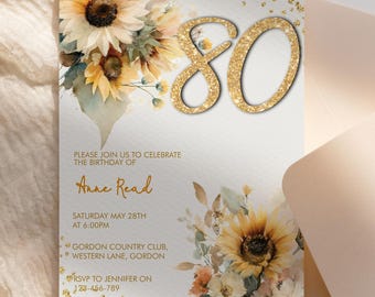 Plantilla de invitación de cumpleaños con girasoles: flores amarillas y purpurina dorada (descarga digital, 13 x 18 cm)