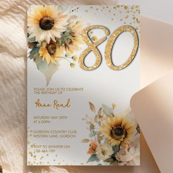 Sunflower Birthday Invitation Template: Yellow Floral, Gold Glitter (Digital Download, 5x7" )