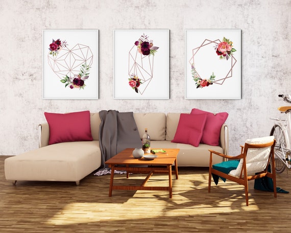 Rose Gold Geometric Fall Floral Art Print Set | Printable Fall Art | Art Print | Botanical Wall Art | DIY Bedroom Wall Art | Set 3 Prints