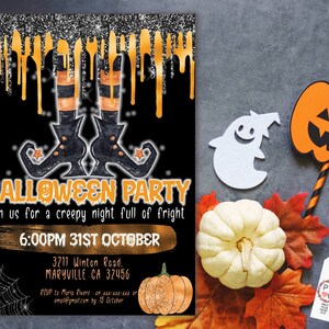 May include: A Halloween party invitation featuring black and orange colours, witch boots, and glittery accents. The text reads: HALLOWEEN PARTY, Join us for a creepy night full of fright, 6:00PM 31ST OCTOBER, 3211 Winton Road, MARYVILLE GA 32456.