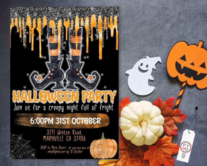 May include: A Halloween party invitation featuring black and orange colours, witch boots, and glittery accents. The text reads: HALLOWEEN PARTY, Join us for a creepy night full of fright, 6:00PM 31ST OCTOBER, 3211 Winton Road, MARYVILLE GA 32456.