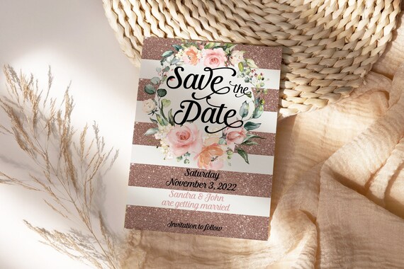 Rosegold Pink Roses Save our date, Rustic save the date, Printable save the date, Date card, Blush Pink Floral Date Saver, Digital Save Date