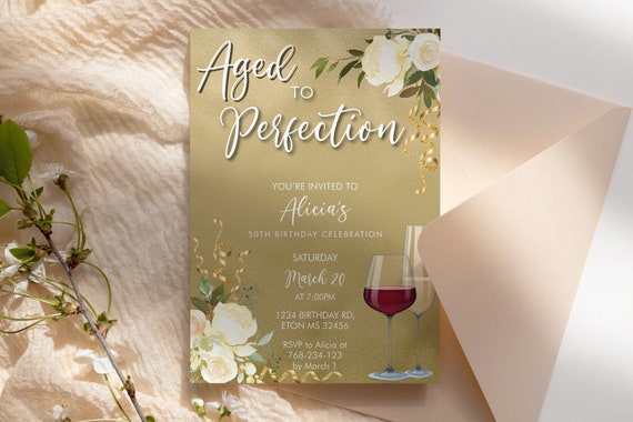 Wine Birthday Invitation Gold Ivory Template, Aged to Perfection Rose Editable Birthday Party Invite Women, Printable Champagne Glass Invite