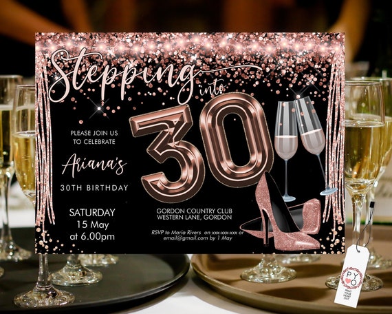 Stepping into 30 Birthday Invitation Printable Template, Horizontal RoseGold Heels Blush Champagne Party Women, Printable gold lights Invite