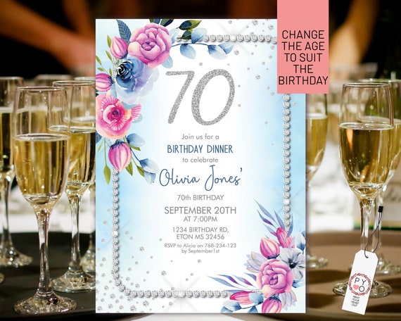 Any Age Birthday Blue Silver Diamond Pink Floral Glitter Invitation Printable Template, Aqua Editable Floral Women,  Blush Flowers Numbers