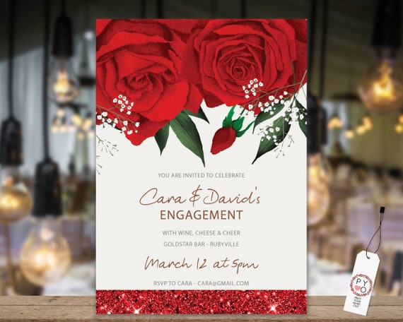Red Rose Engagement Invitation, Printable Invitation, Red Glitter Invite, Couples Shower, Wedding Invite, Romantic Floral Glitter Engagement