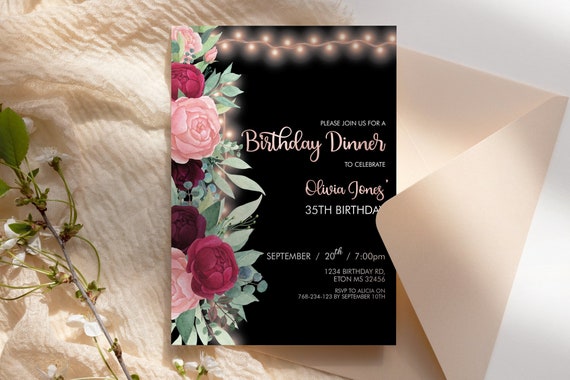 Any Age Rose Blush Floral Birthday Invitation Printable Template, Black Lights Editable Birthday Party Invitation Women, Printable Card