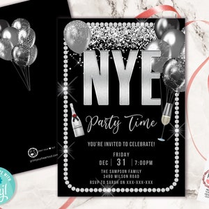 May include: A black and silver New Year's Eve party invitation with the text "NYE Party Time". The invitation features silver balloons, a champagne bottle, and a champagne flute. The invitation is decorated with a string of diamonds.