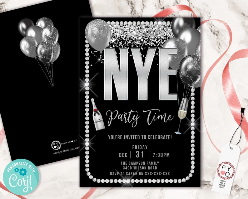 May include: A black and silver New Year's Eve party invitation with the text "NYE Party Time". The invitation features silver balloons, a champagne bottle, and a champagne flute. The invitation is decorated with a string of diamonds.