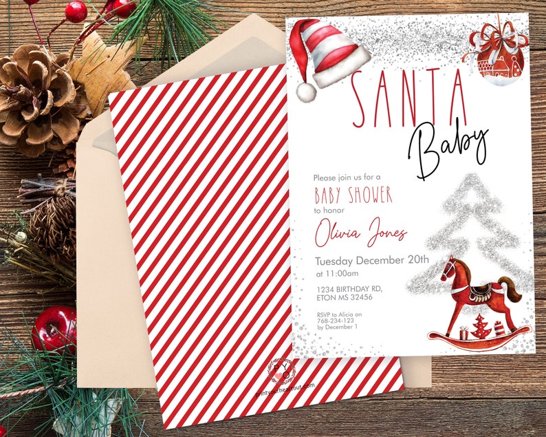 May include: A Christmas-themed baby shower invitation with a red and white striped pattern on the back. The front features the words "Santa Baby" with a Santa hat illustration. Details include the date, time, and RSVP information.