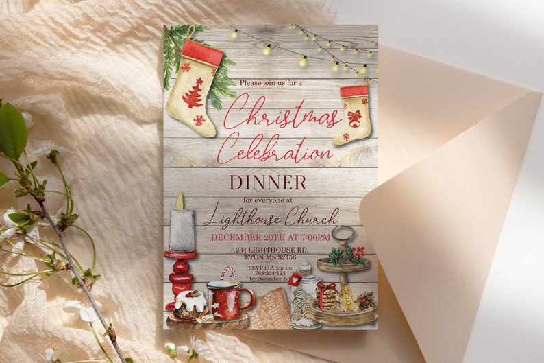 May include: A Christmas Celebration Dinner invitation with watercolor illustrations. The design features a wooden background, Christmas stockings, a candle, and festive food items. The invitation includes the text "Please join us for a Christmas Celebration Dinner".