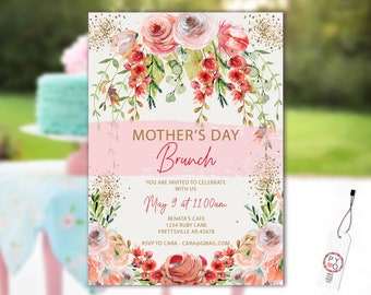 Mother's Day Brunch Lunch Gold Garden Invitation Printable Template, Gold Glitter Editable Dinner Invite for Mom, Printable Floral Card