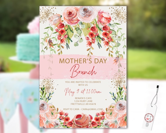 Mother's Day Brunch Lunch Gold Garden Invitation Printable Template, Gold Glitter Editable Dinner Invite for Mom, Printable Floral Card