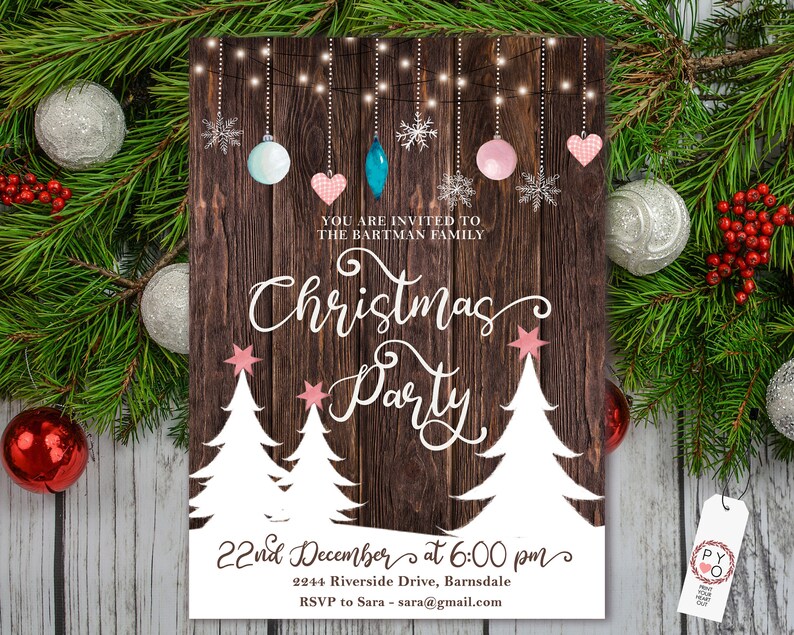 May include: A Christmas party invitation with a rustic wood background. The invitation features white text that reads "Christmas Party" and includes the date, time, and location. Decorative elements include hanging ornaments, snowflakes, and Christmas trees.