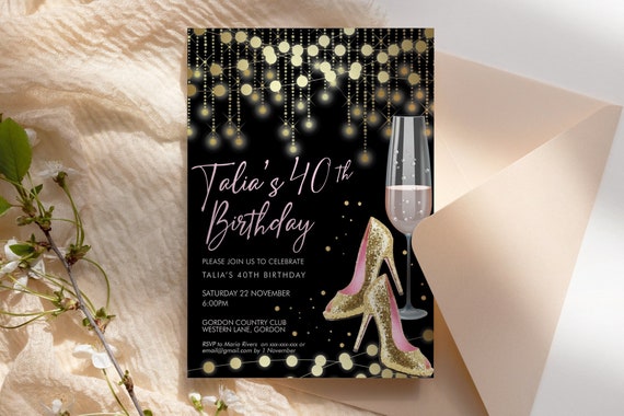 Pink Gold Stiletto Champagne Birthday Invitation Printable Template, Black Gold Glitter Editable Party Invitation for Women, Any Age Invite
